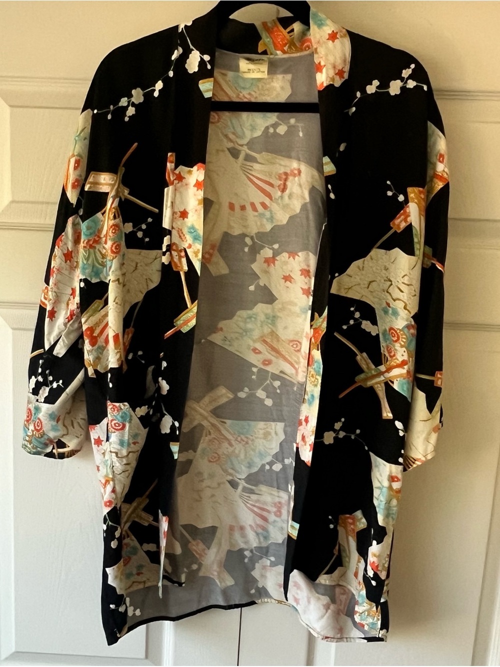 Vintage Jade Black Kimono Style Shirt with Cream, Aqua and Coral Fan Print Size